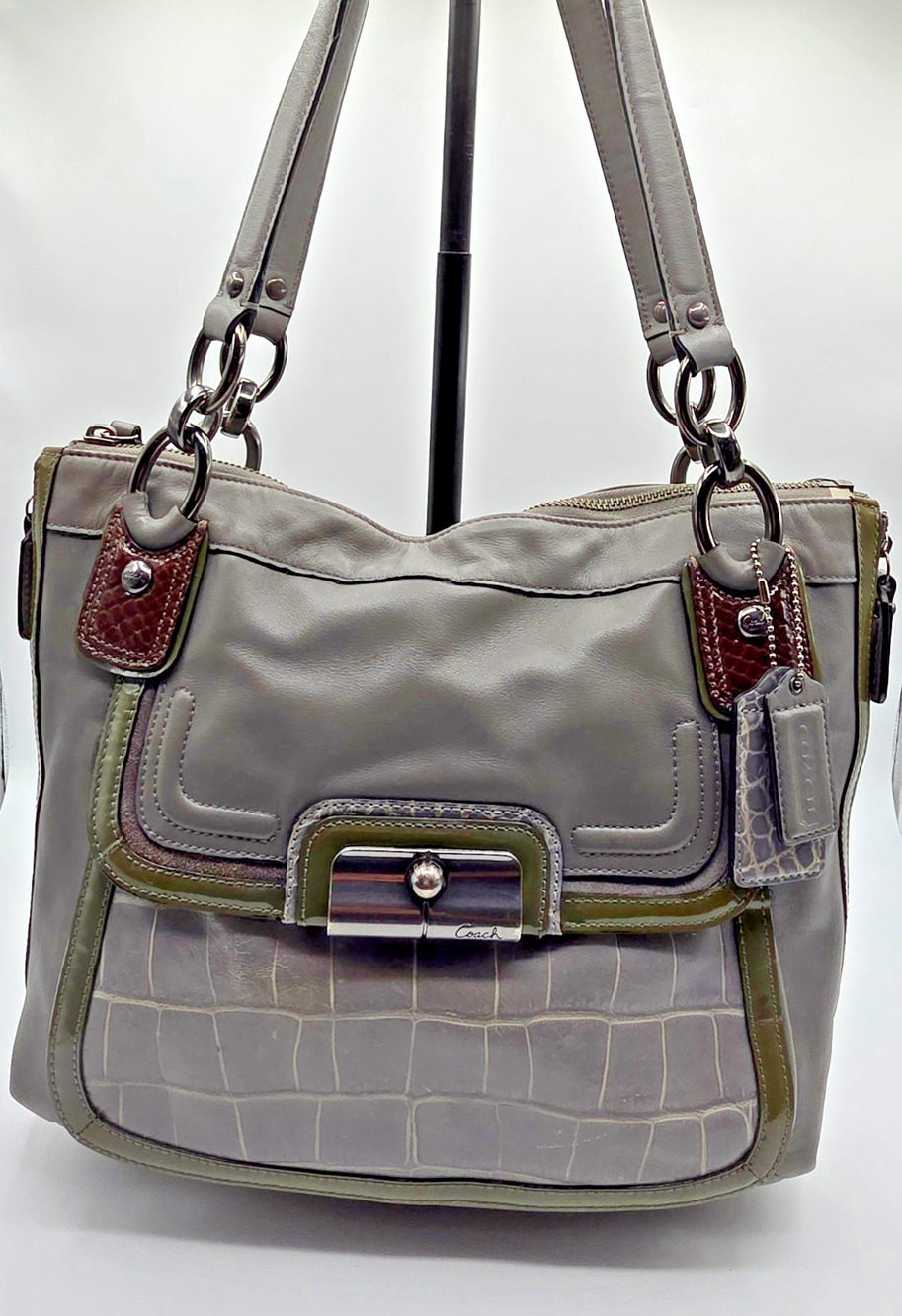 Coach Kristin Spectator Gray Leather Exotic Embossed Expandable Shoulder Tote